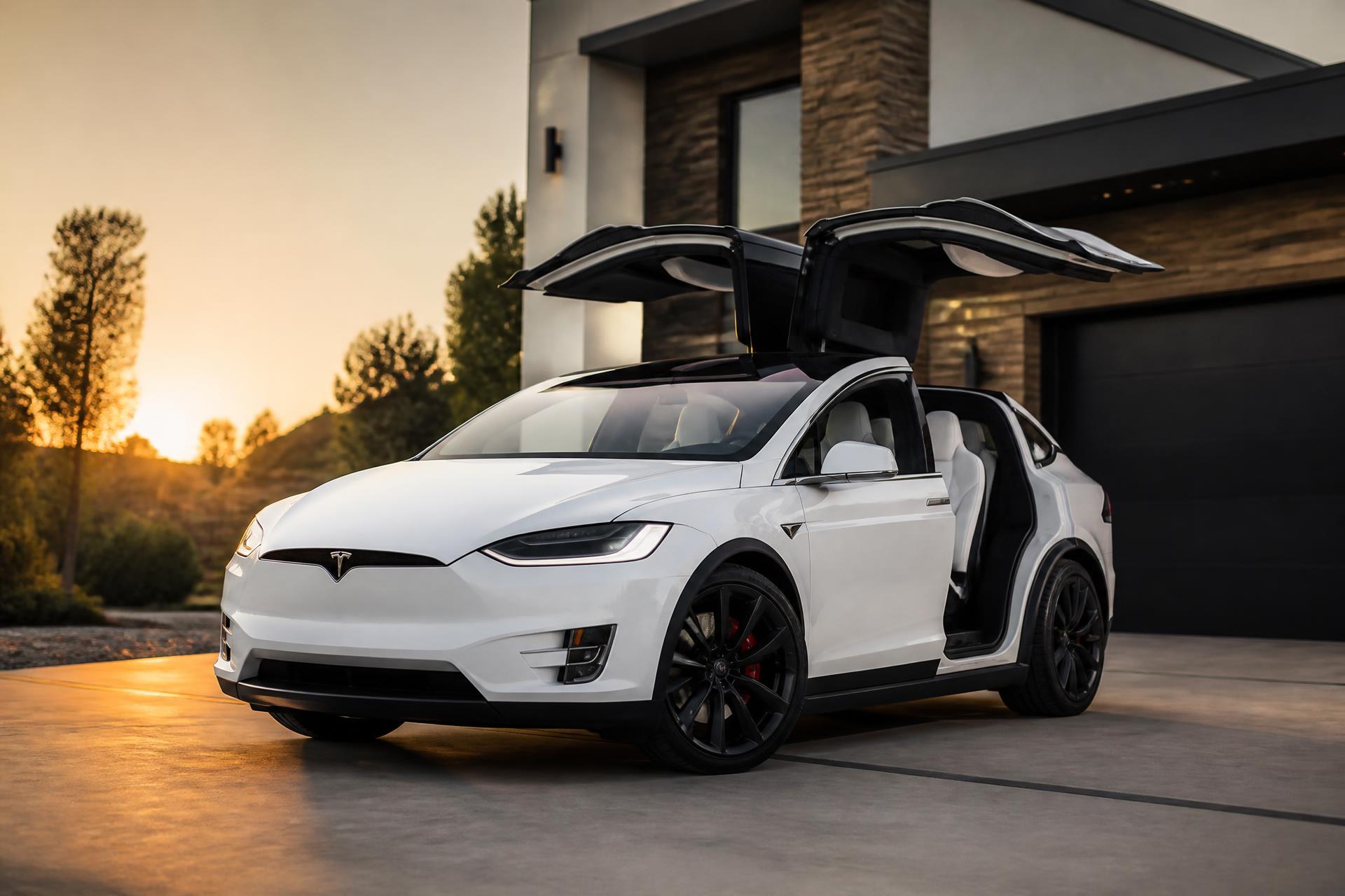 Tesla Model X with falcon-wing doors open at sunset
